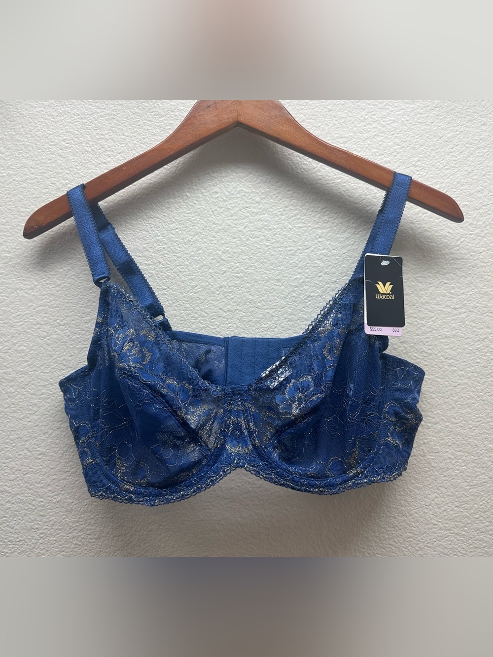Wacoal Navy Blue Lace Underwire Bra with Gold Accents